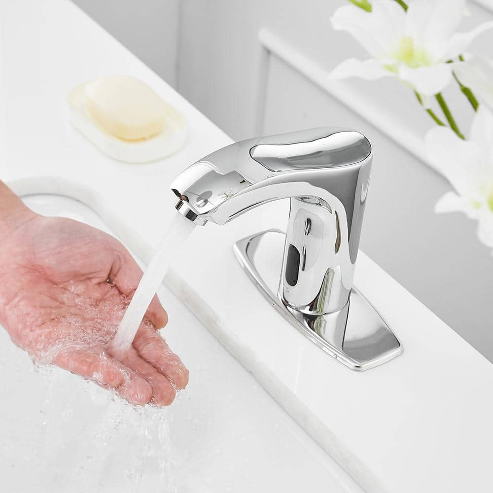 BWE Battery Powered Touchless Single Hole Bathroom Faucet With Deckplate Included and Pop Up Drain In Polished Chrome