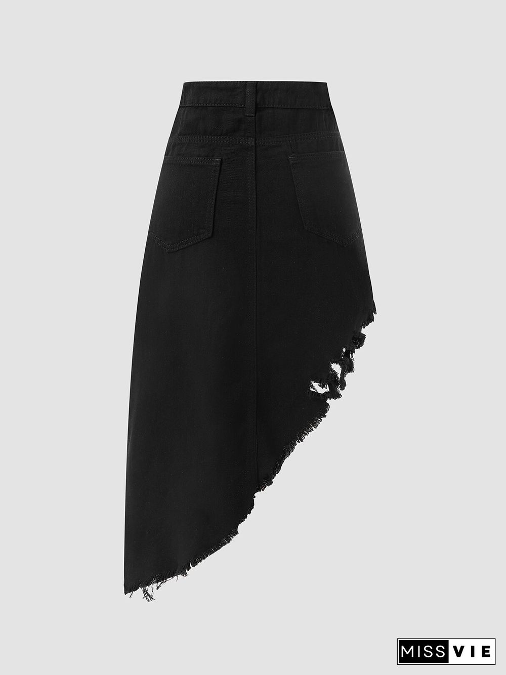 Solid Asymmetrical Frayed Pocket Ripped Denim Skirt