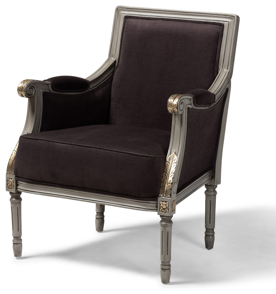 Llorr French Brown Velvet Upholstered Armchair With Goldleaf  Brown/Gray/Gold   Traditional   Armchairs And Accent Chairs   by Baxton Studio  Houzz