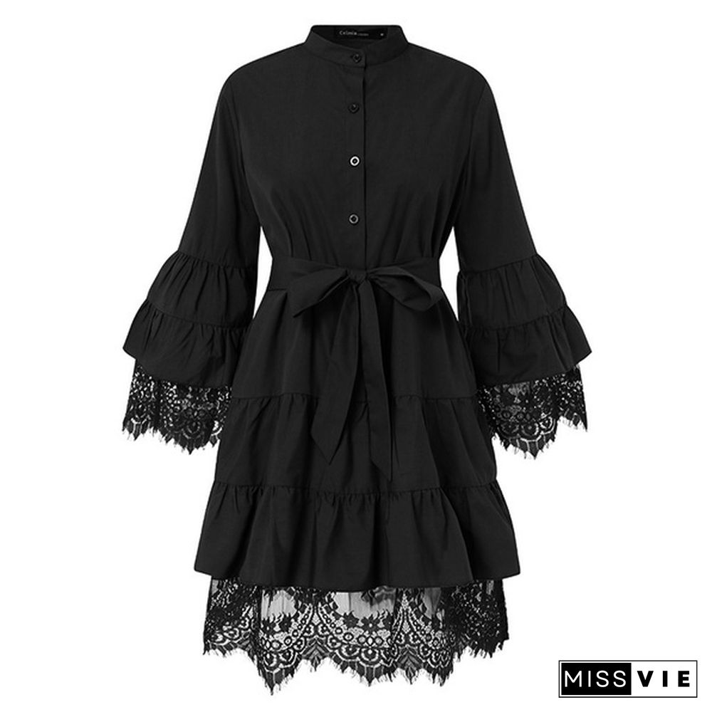 Women Flare 3/4 Sleeve Mini Dress Ruffled Lace Stiching Party Casual Pleated Short Dress Plus Size