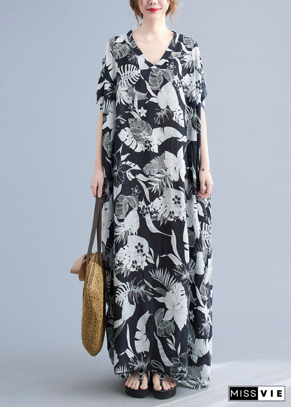 Natural Black V Neck Print Robe Dresses Short Sleeve