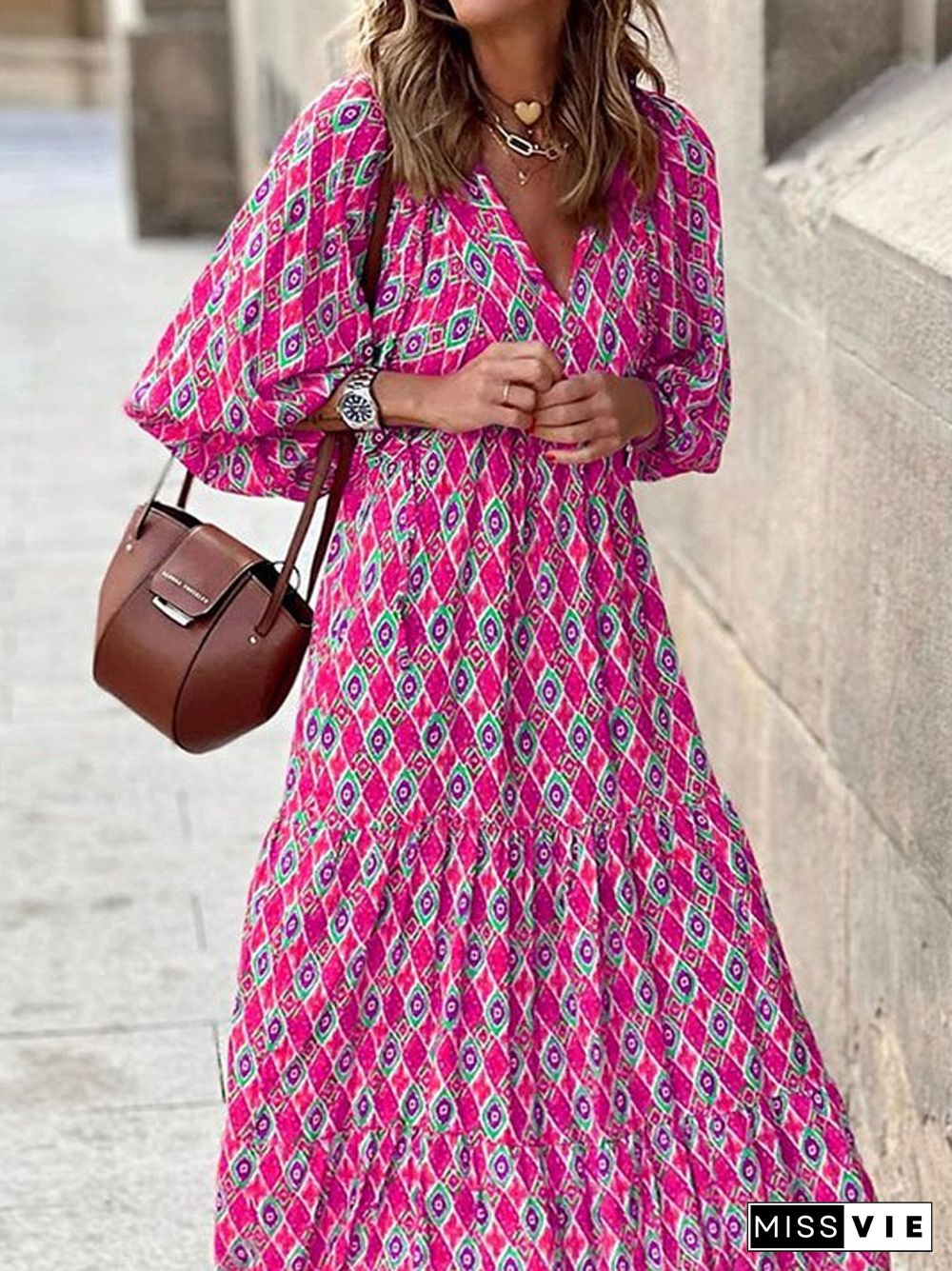 Short Sleeved Medium Length Bohemian Print Dress