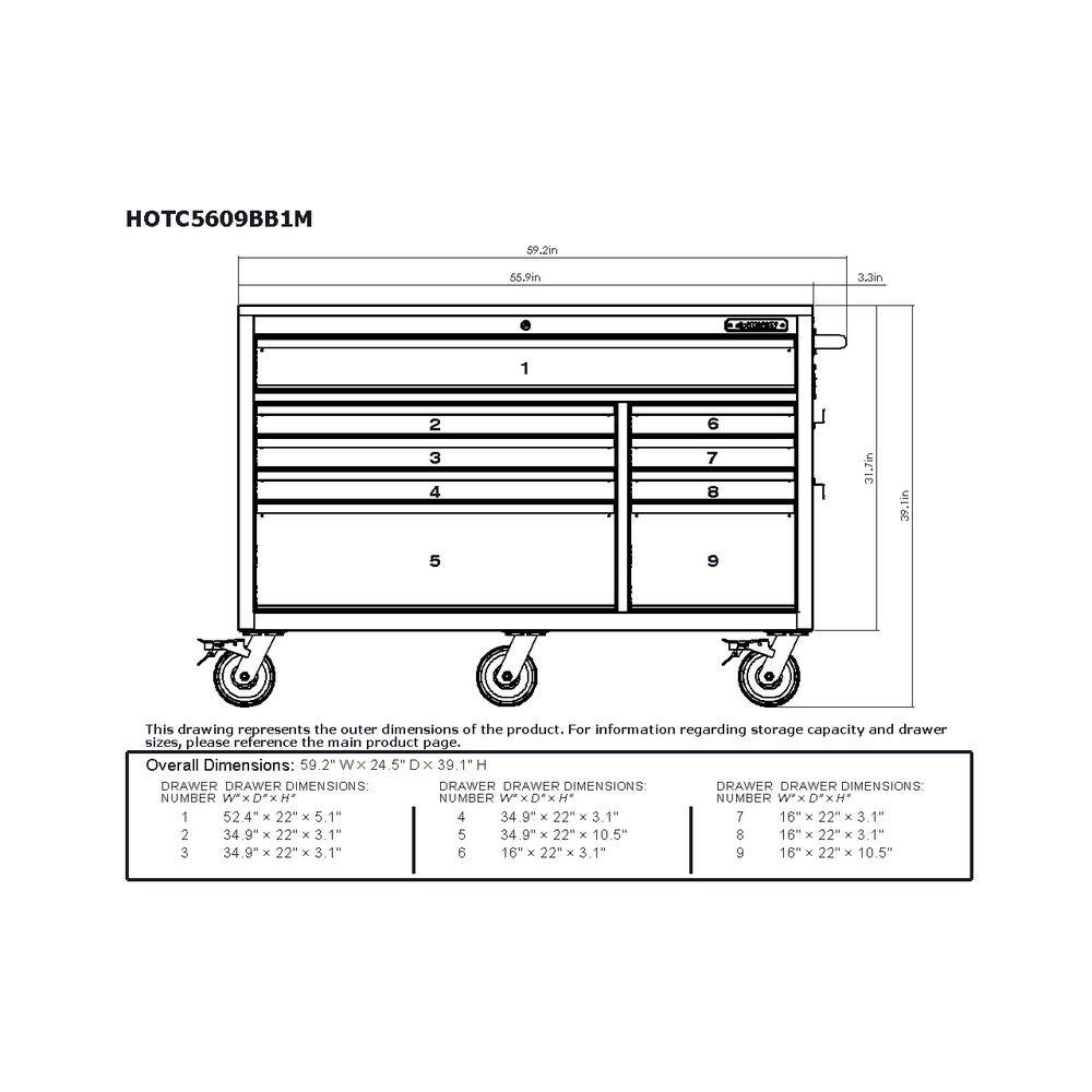  Husky 56 in. W x 24.5 in. D Heavy Duty 9-Drawer Mobile Workbench Tool Chest with Solid Hardwood Work Top in Matte Black HOTC5609BB1M