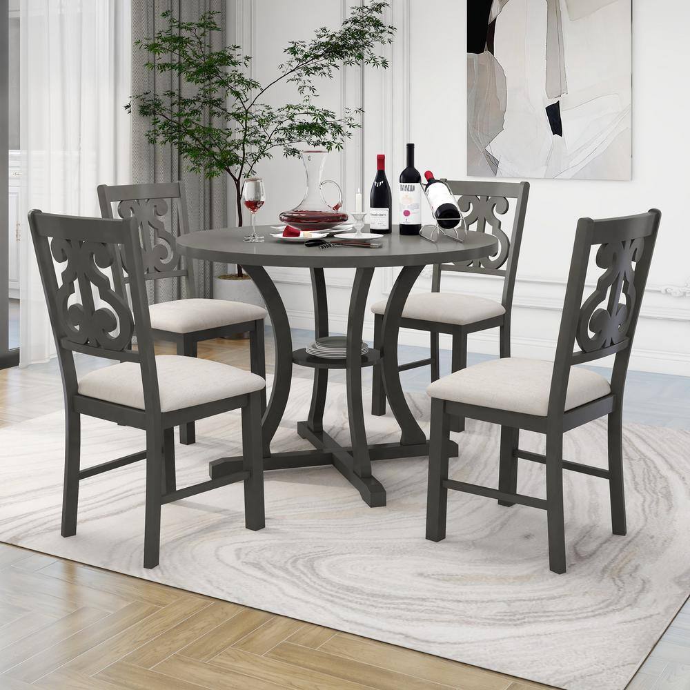 Harper  Bright Designs Exquisitely Designed 5-Piece Round Wood Top Gray Dining Table Set with Special-shaped Legs and Hollow Chair Back XW014AAE