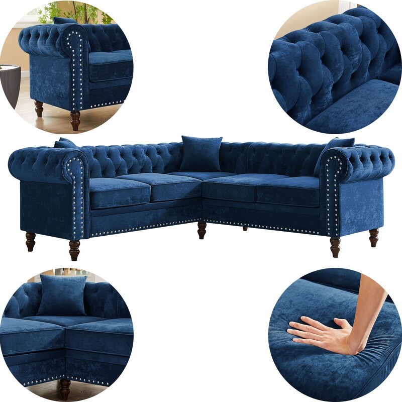 Chesterfield Button Tufted Upholstered Sectional Sofas L Shaped Sofa with 3 Pillows Included and Solid Wood Gourd Legs