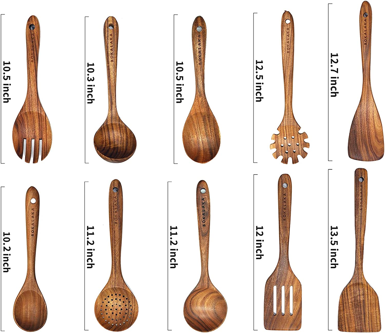 BOKALAKA Wooden Spoons for Cooking，10 Pcs Natural Teak Wooden Kitchen Utensils Set Wooden Utensils for Cooking Wooden Cooking Utensils Wooden Spatulas for Cooking