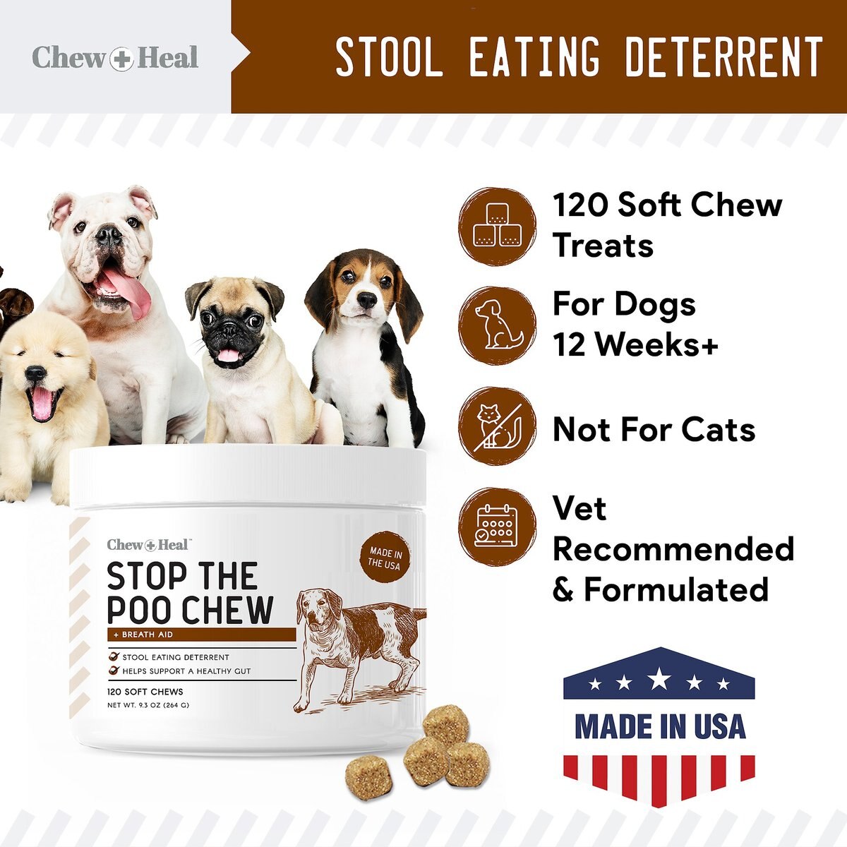 Chew + Heal Stop The Poo Soft Chew Coprophagia and Digestive Supplement for Dogs， 120 count