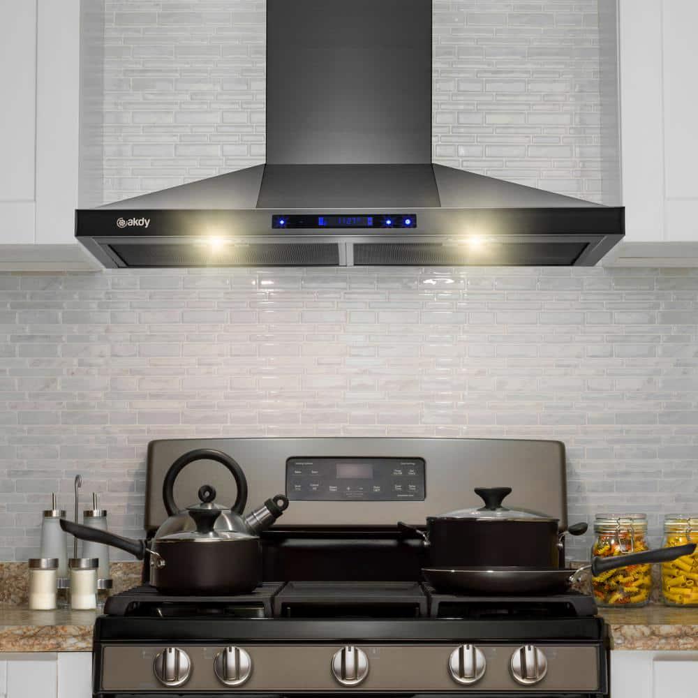 AKDY 30 in 343 CFM Convertible Wall Mount Black Stainless Steel Kitchen Range Hood with Touch Panel and Carbon Filters