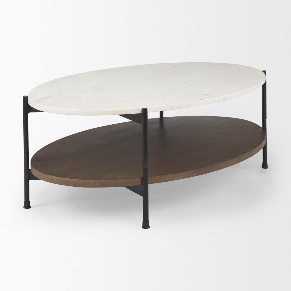 Larkin White Marble Top With Dark Brown Wood Shelf Round Coffee Table   Modern   Coffee Tables   by Mercana  Houzz