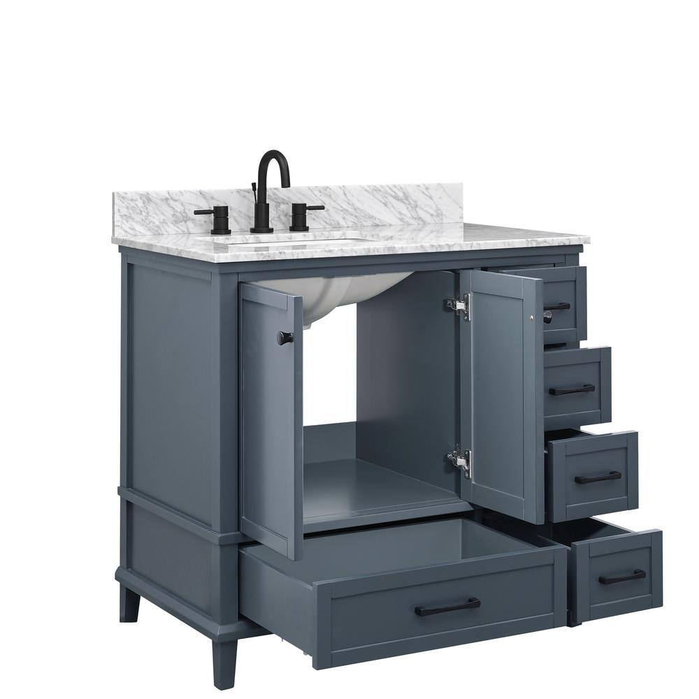 Home Decorators Collection Merryfield 37 in. W x 22 in. D x 35 in. H Bathroom Vanity in Dark Gray with Carrara White Marble Top 19112-VS37-DG