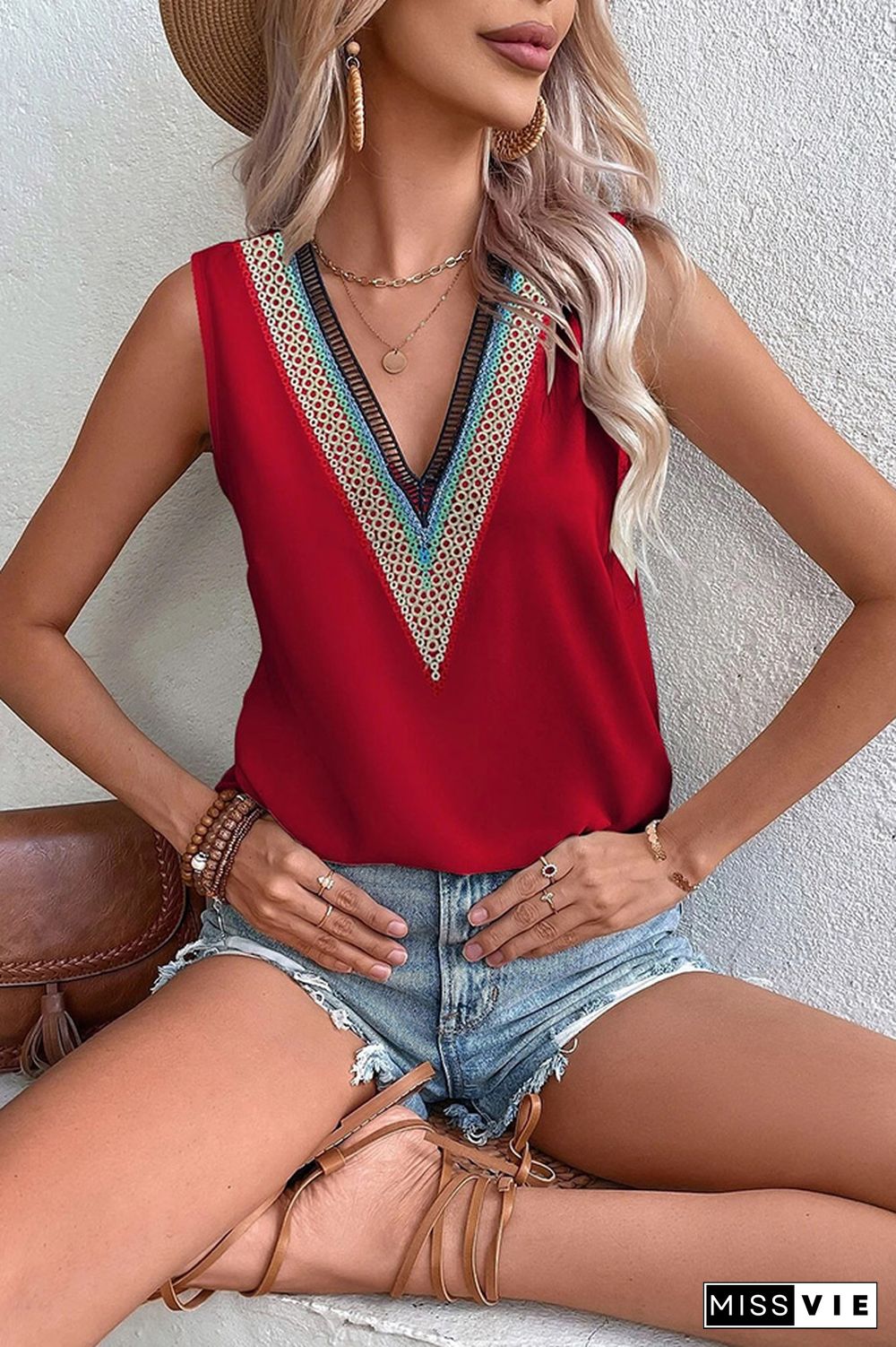 Plain V Neck Colorful Lace edge Tank Top