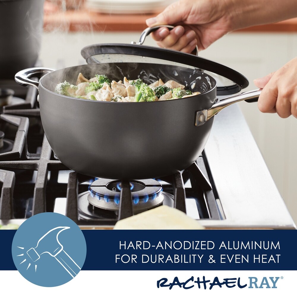 Rachael Ray Cook + Create Hard Anodized Nonstick Saucier Sauce Pan with Lid and Helper Handle  4.5 Quart  Black