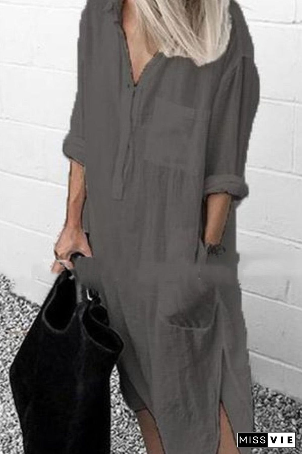 Casual Solid Color Split Shirt Dress