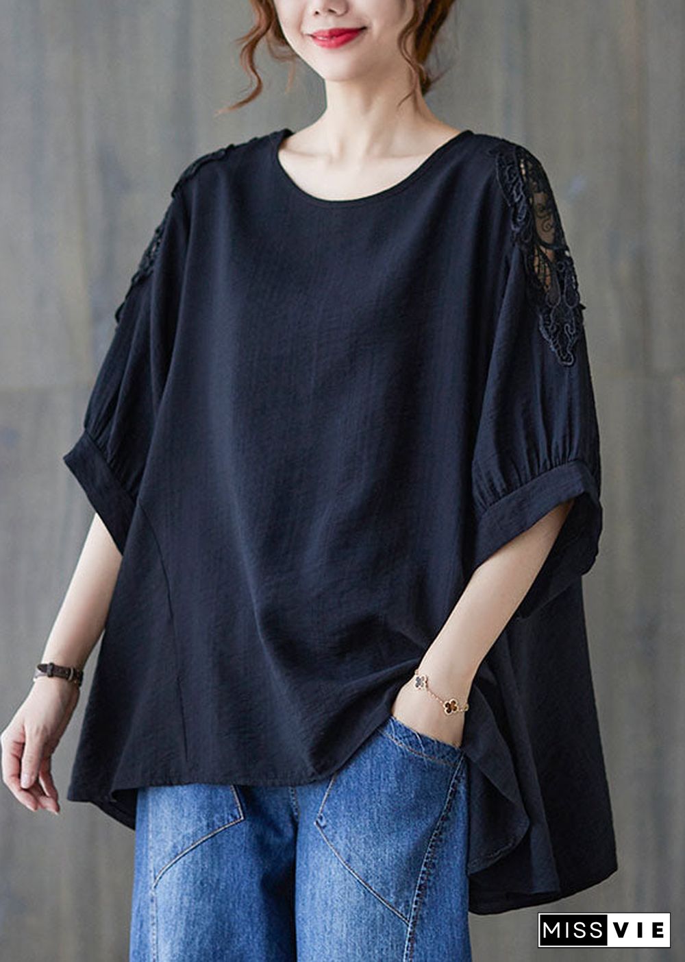 Black Lace Patchwork Cotton T Shirt Top Asymmetrical Summer