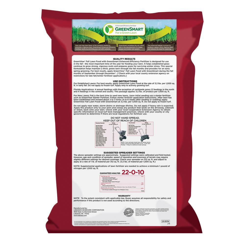 GreenView 48 lbs. Fall Lawn Food Covers 15000 sq. ft. (22-0-10) 2131183