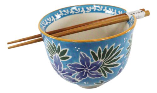 1 Pack Of 2 Blue Spring Flowers Ramen Noodles Soup Bowl W/ Bamboo Chopsticks EBR02