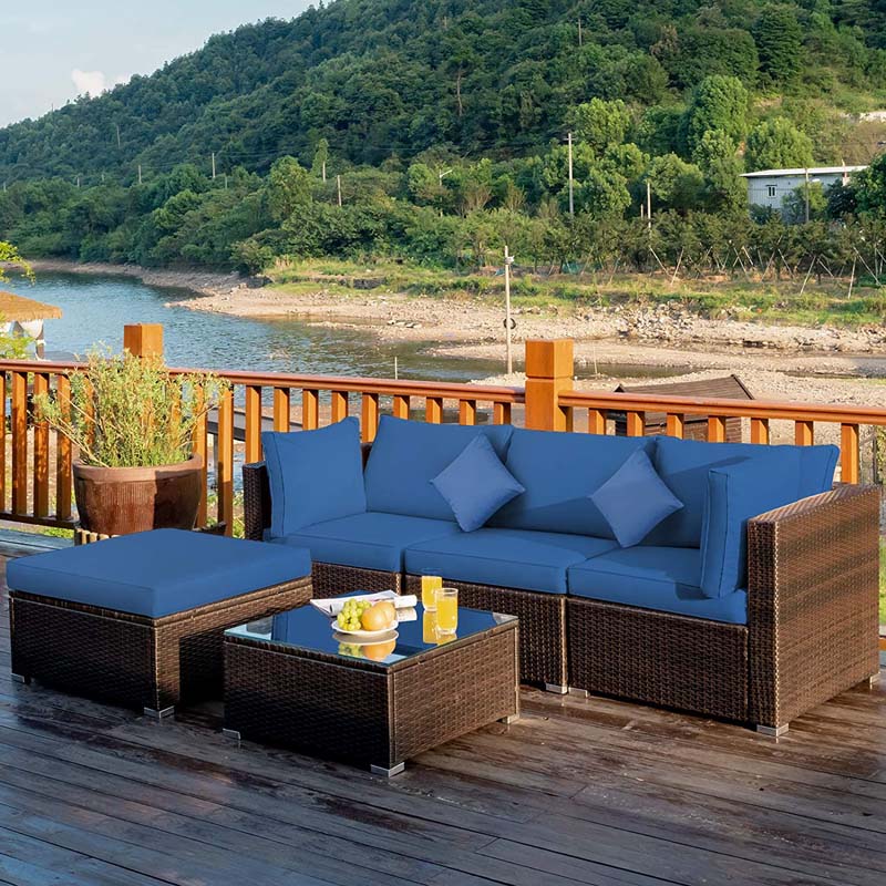 5 Pcs Outdoor Patio Rattan Furniture Sectional Sofa Set Wicker Conversation Set with Cushions