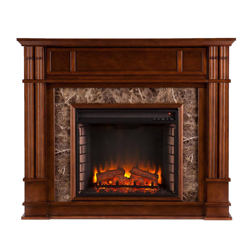 Southern Enterprises Rochester 48 in. Faux Stone Electric Fireplace TV Stand in Whiskey Maple HD90152