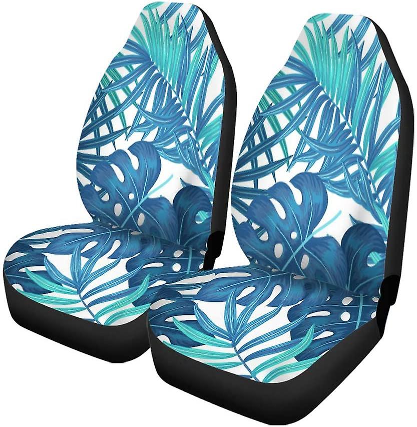 Set Of 2 Car Seat Covers Blue Summer Hawaiian Exotic Tropical Plants Palm Tree Monstera Universal Auto Front Seats Protector Fits