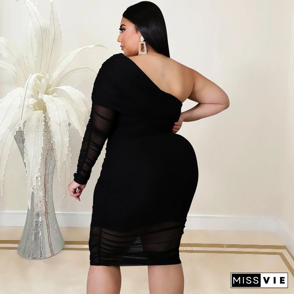 Plus Size Mesh Solid Single Sleeve Bodycon Dress