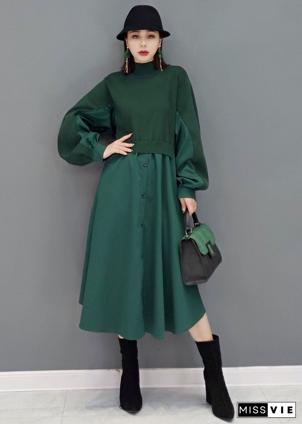 Women Green Stand Collar Patchwork Knit Cotton Shirt Dress Long Sleeve