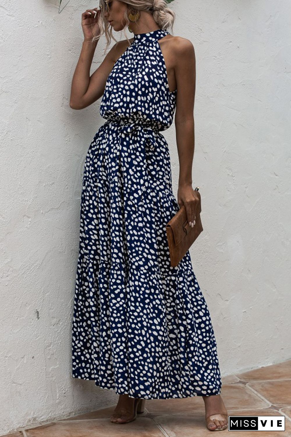 Halter Polka Dot Print Tie Waist Maxi Dress Wholesale