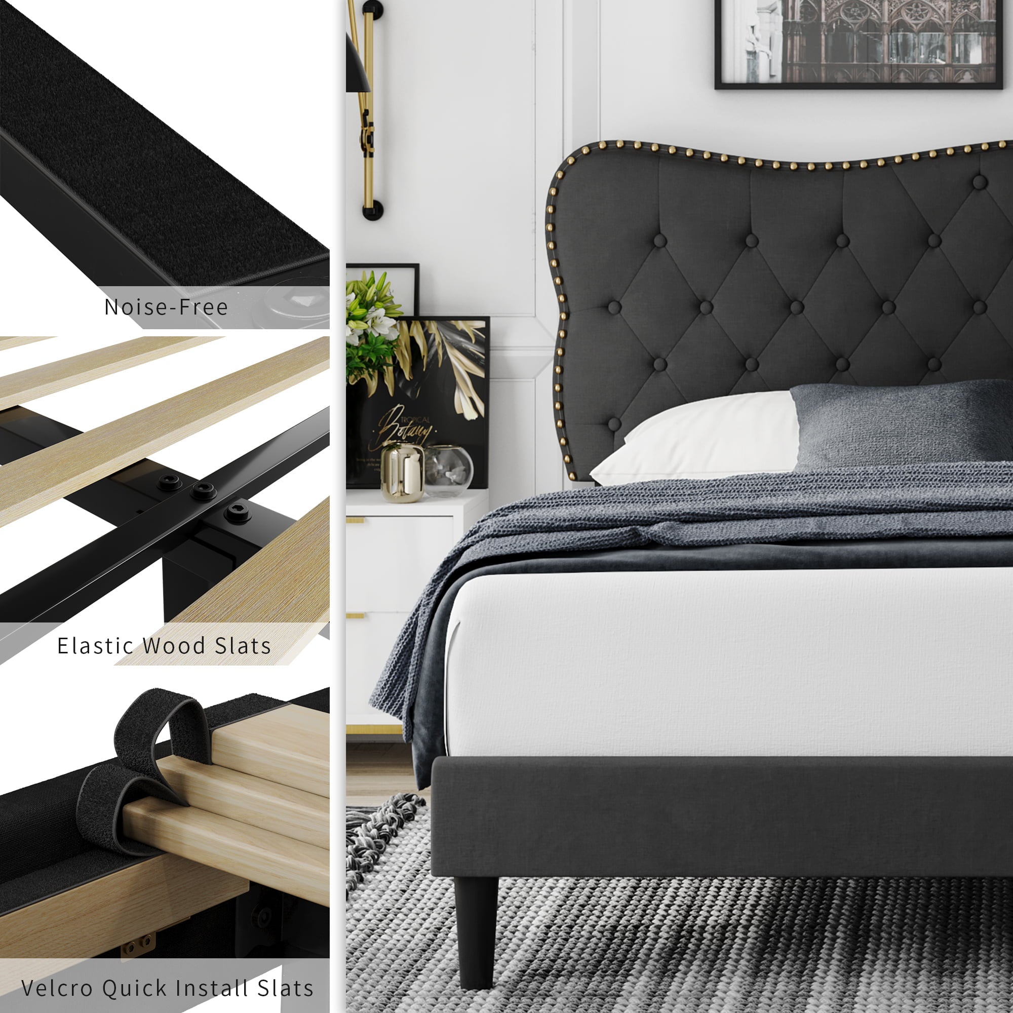 Homfa Black Queen Bed Frame, Linen Upholstered Platform Bed Frame with Button Tufted Adjustable headboard for Bedroom, No Box Spring Needed