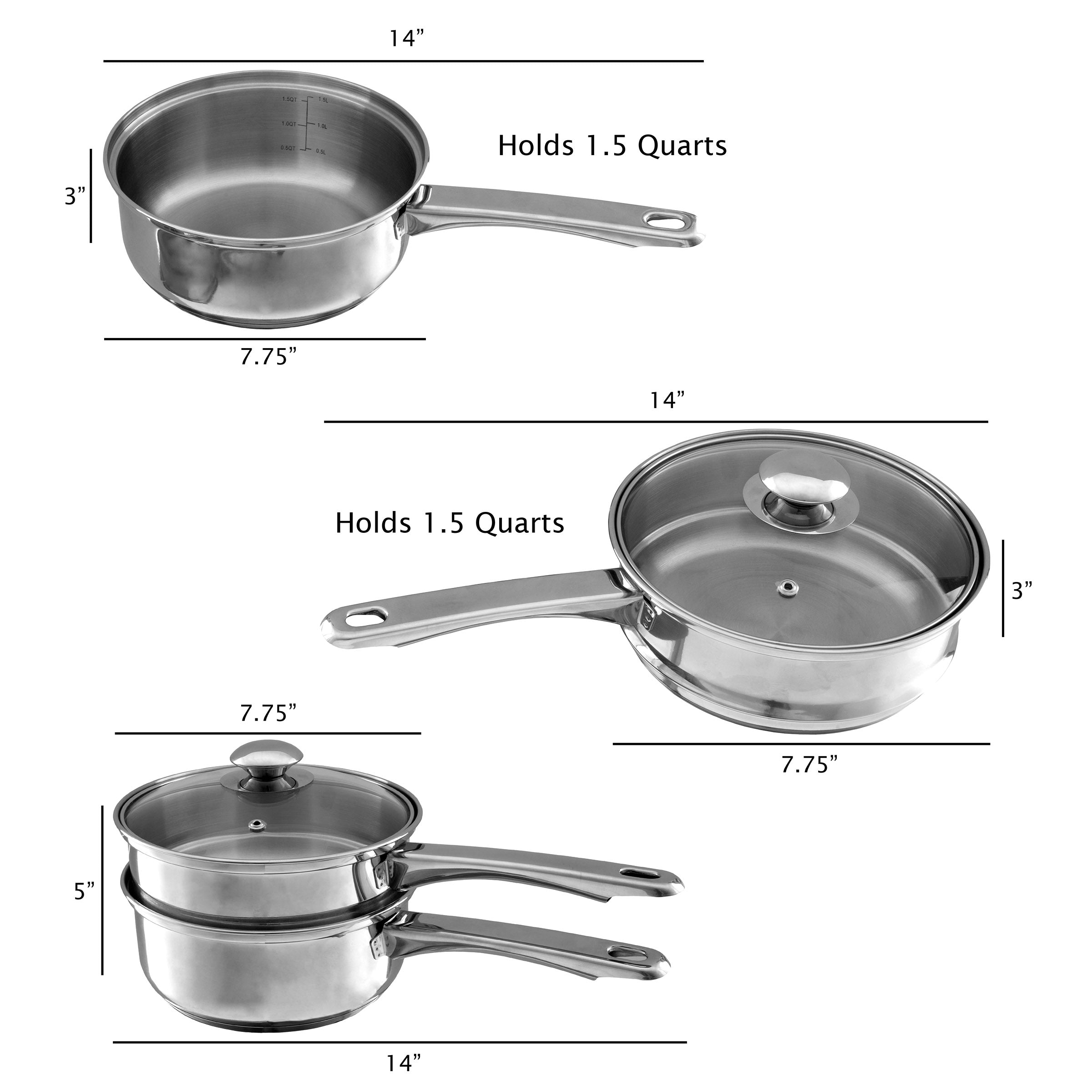 Classic Cuisine Stainless Steel 6 Cup Double Boiler， 1.5 Quart Saucepan 2-in-1 Combo with Vented Glass Lid- Kitchen Cookware with Measurements