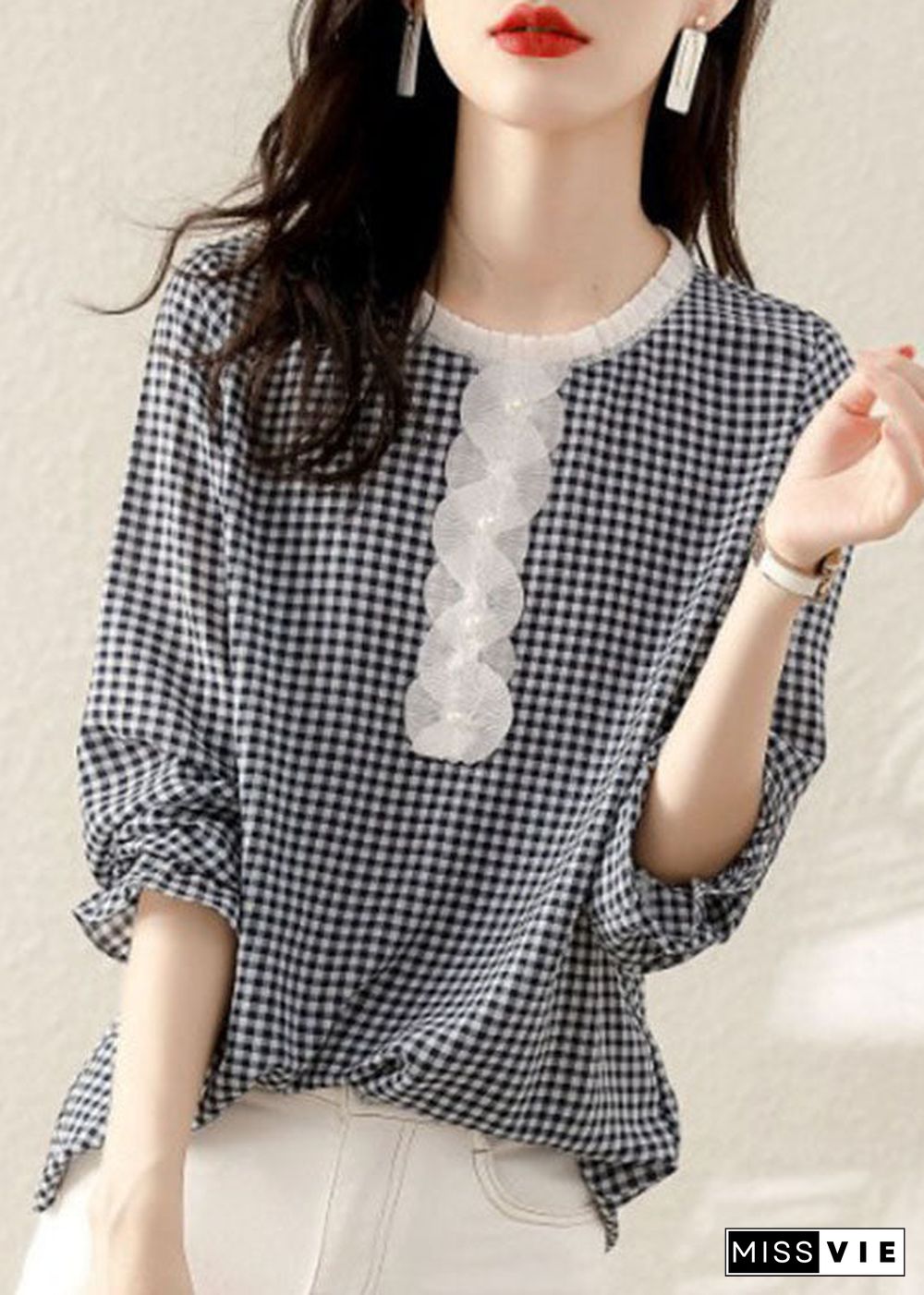 French Black Ruffled Plaid Cotton Shirt Spring