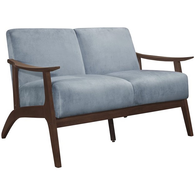 Carlson Velvet Upholstered Loveseat In Blue Gray And Dark Walnut Lexicon