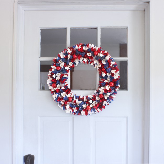 Red White And Blue Wood Curl Floral And Ornaments Wreath National Tree Company