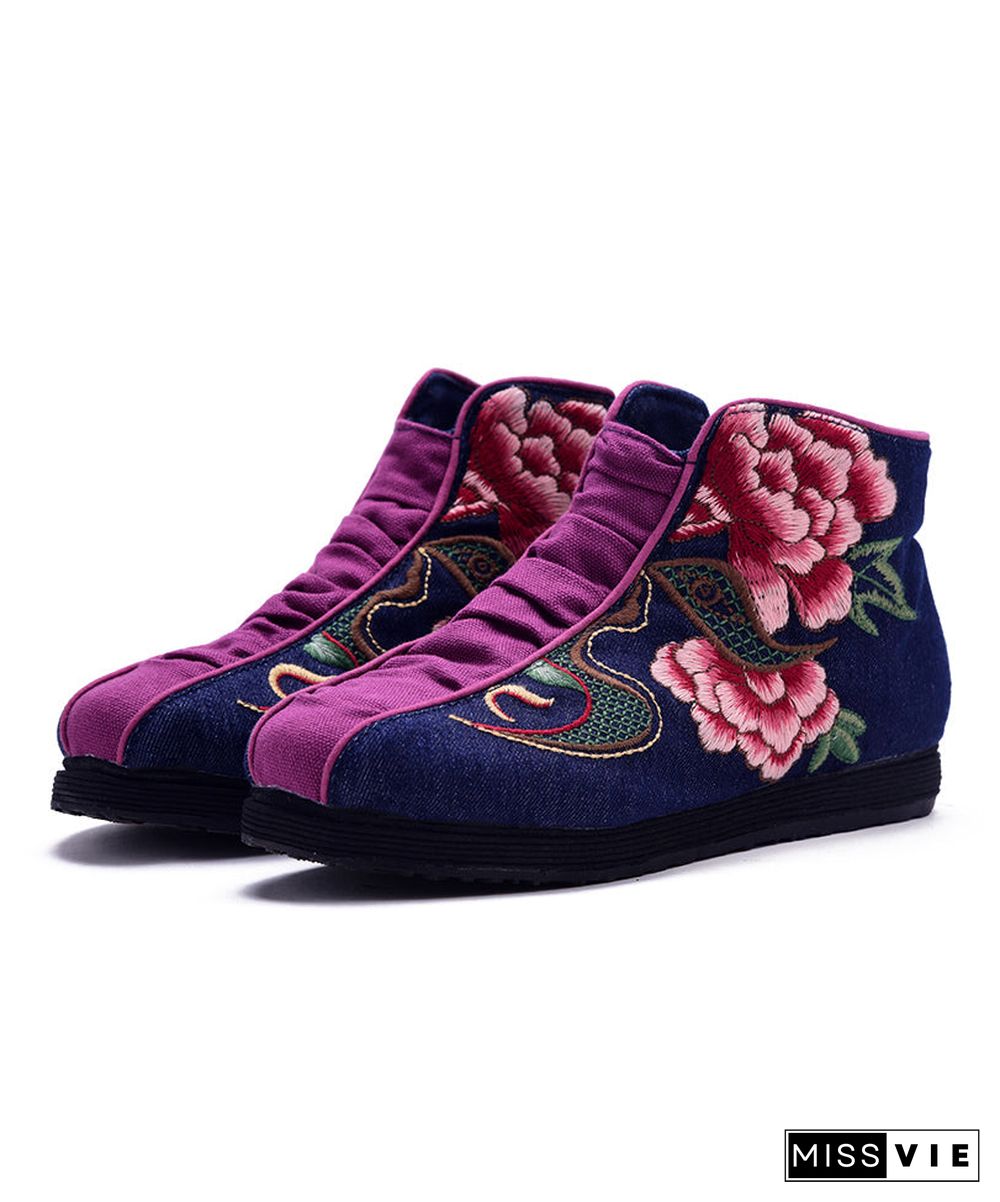 Casual Embroideried zippered Splicing Boots Red Linen Fabric Ankle boots