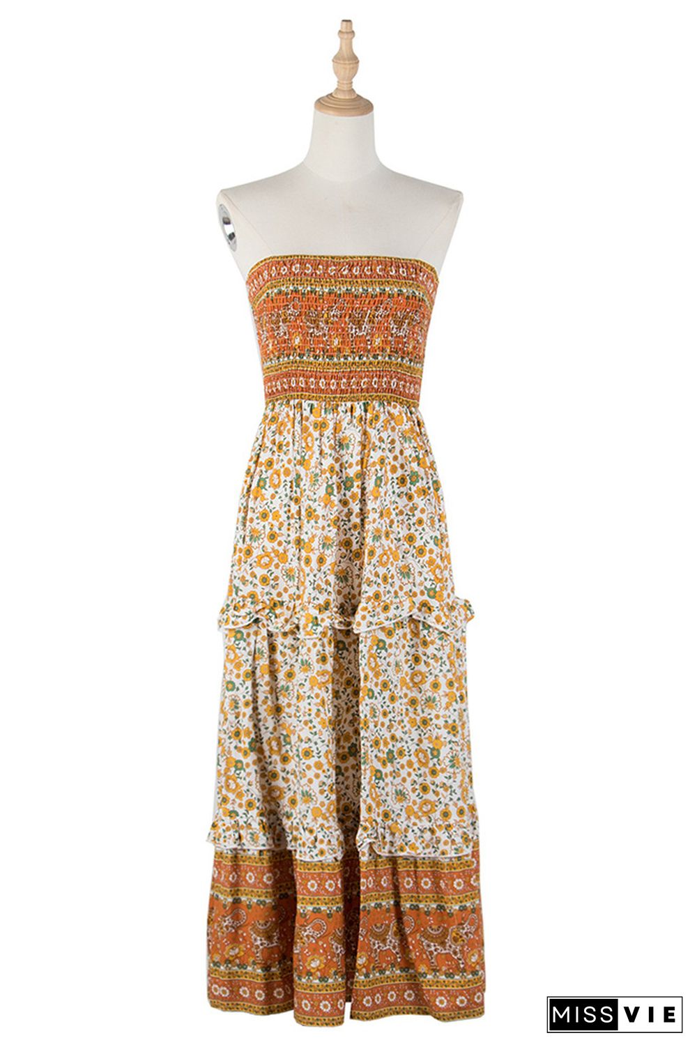 Orange Floral Smocked Bandeau Tiered Maxi Dress