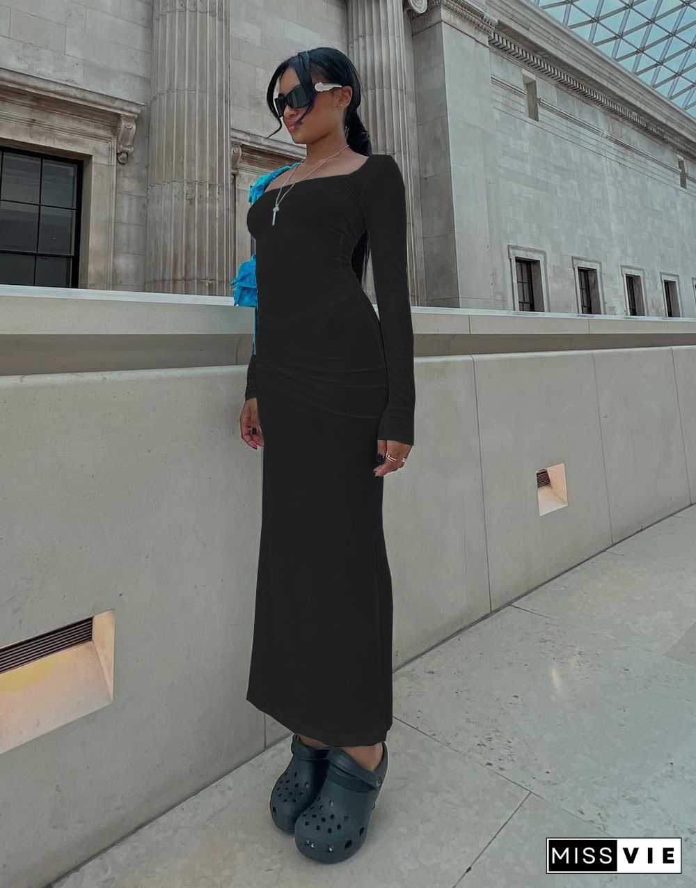 Solid Square Collar Long Sleeve Stretchy Maxi Dresses