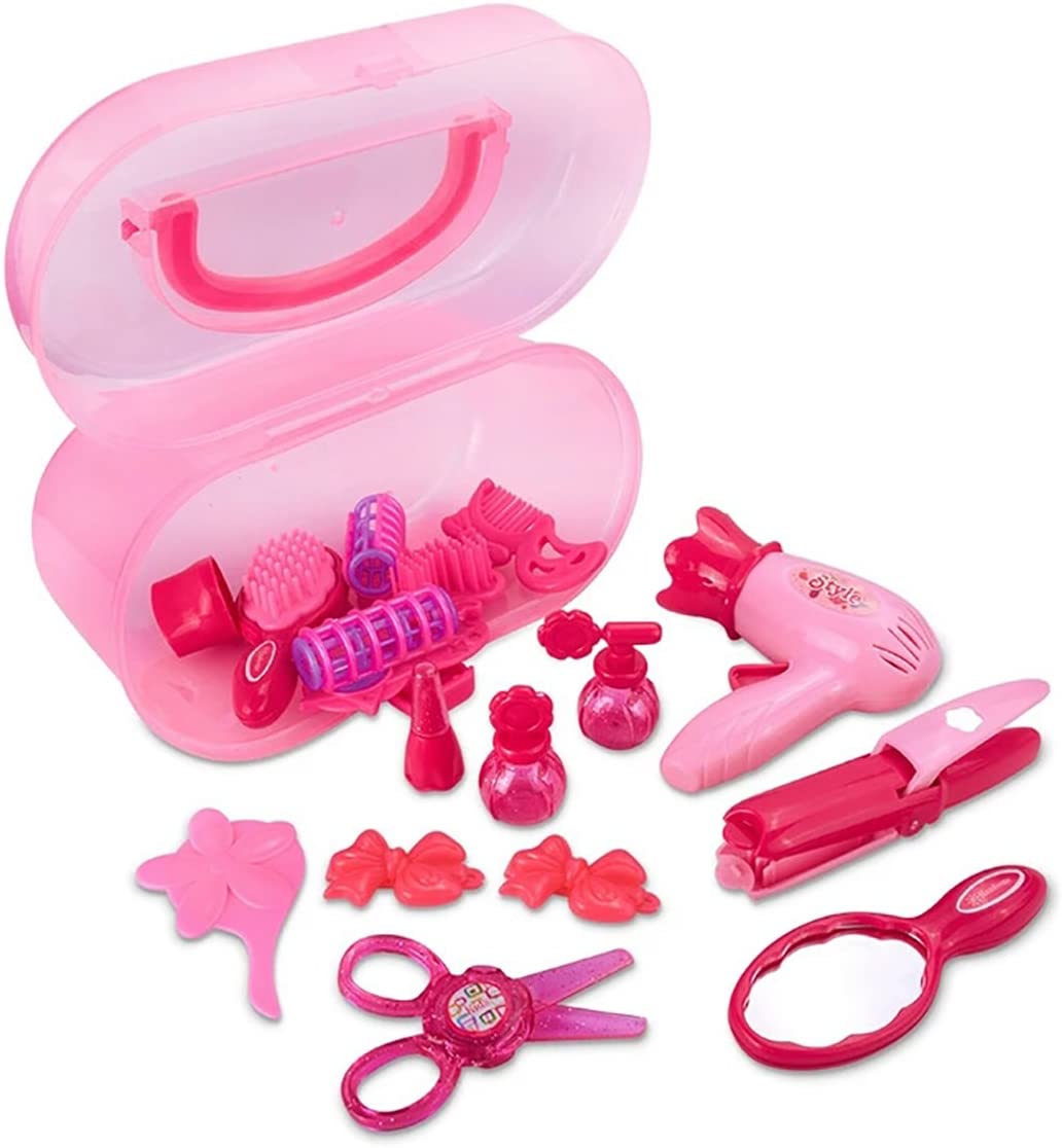 Little Girl Makeup Kit Pretend Play Hair Station with Case Kids Beauty Salon Set Toys， Hairdryer， Brush，Mirror and Styling(17pcs) Toy for little girl 1 2 3 4 Years Old