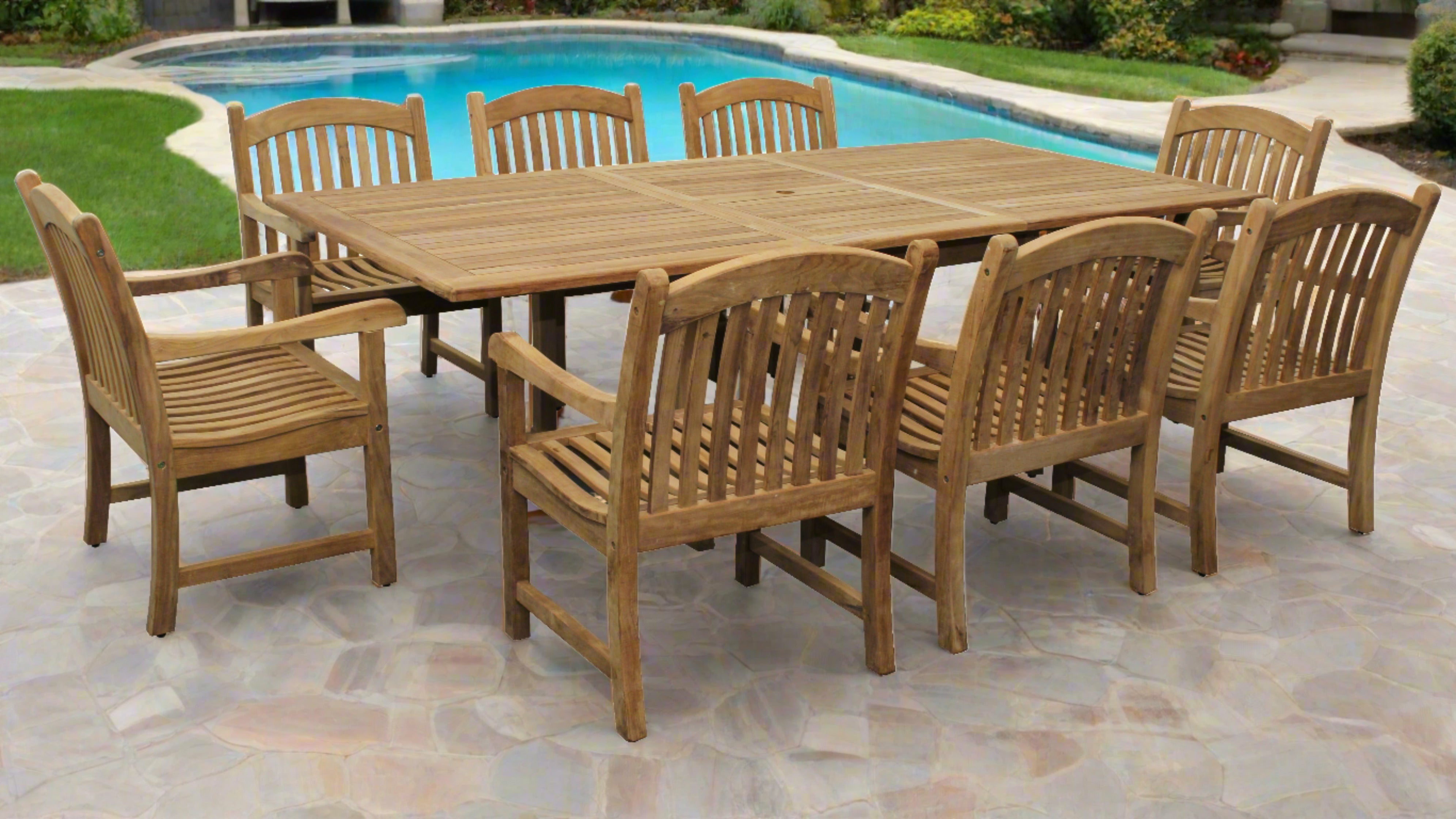 Bali Teak 7pc Outdoor Dining Set (Teak Rectangular Extendable Table 70-94 with 6 Teak Tista Armchairs +FREE Cushions)