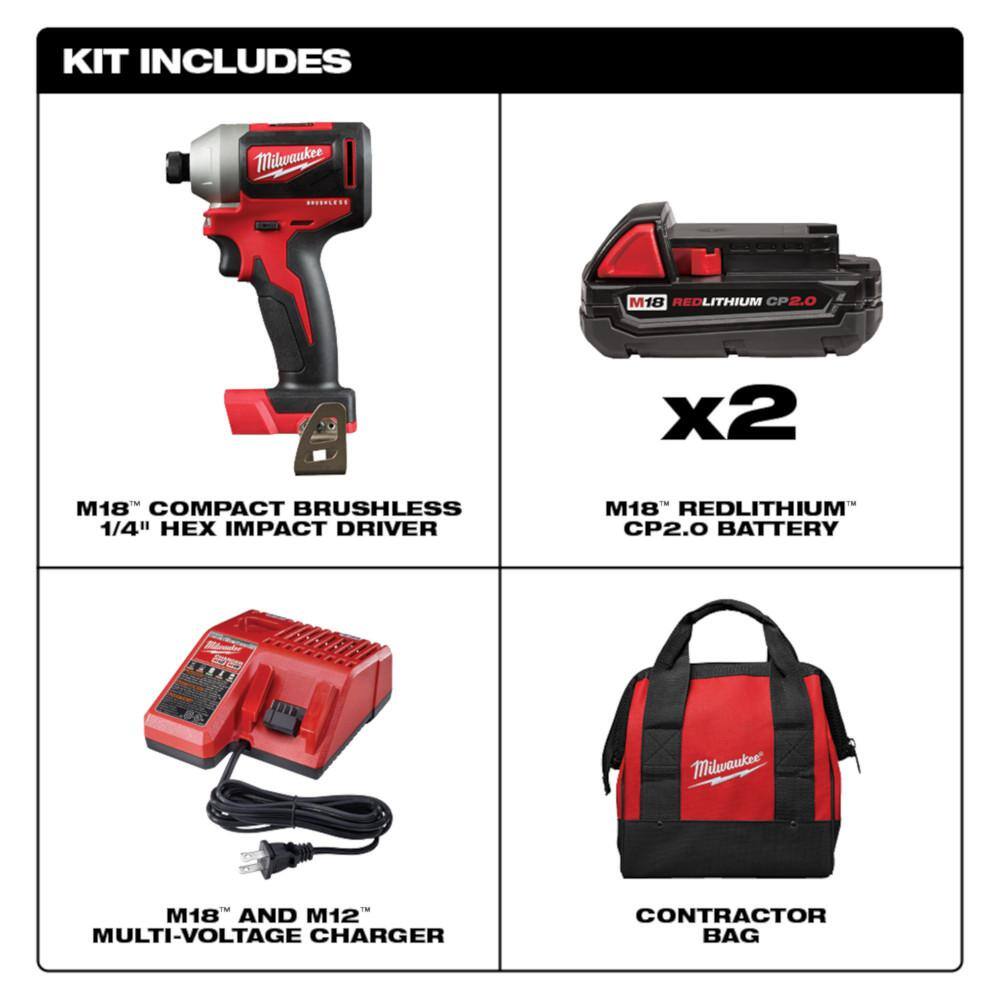 MW M18 18V Lithium-Ion Brushless Cordless 14 in. Impact Driver Kit with Two 2.0 Ah Batteries Charger and Soft Case 2850-22CT