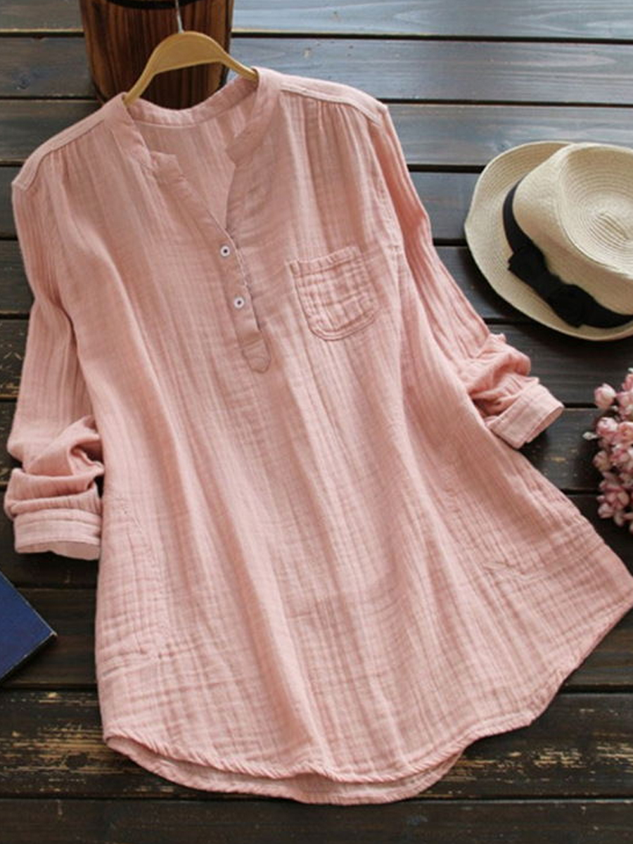 Casual Solid Color V-Neck Long Sleeve Blouse