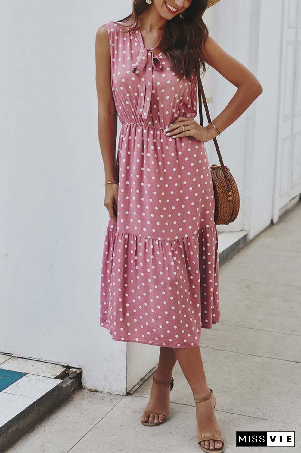 Polka Dot Tie Neck Sleeveless Dress