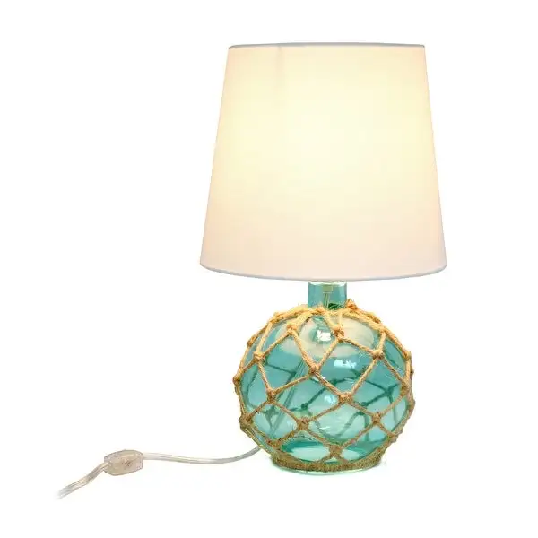 Elegant Designs Buoy Rope Nautical Netted Coastal Ocean Sea Glass Table Lamp with White Fabric Shade， Aqua - 9(L)9(W)14.75(H)