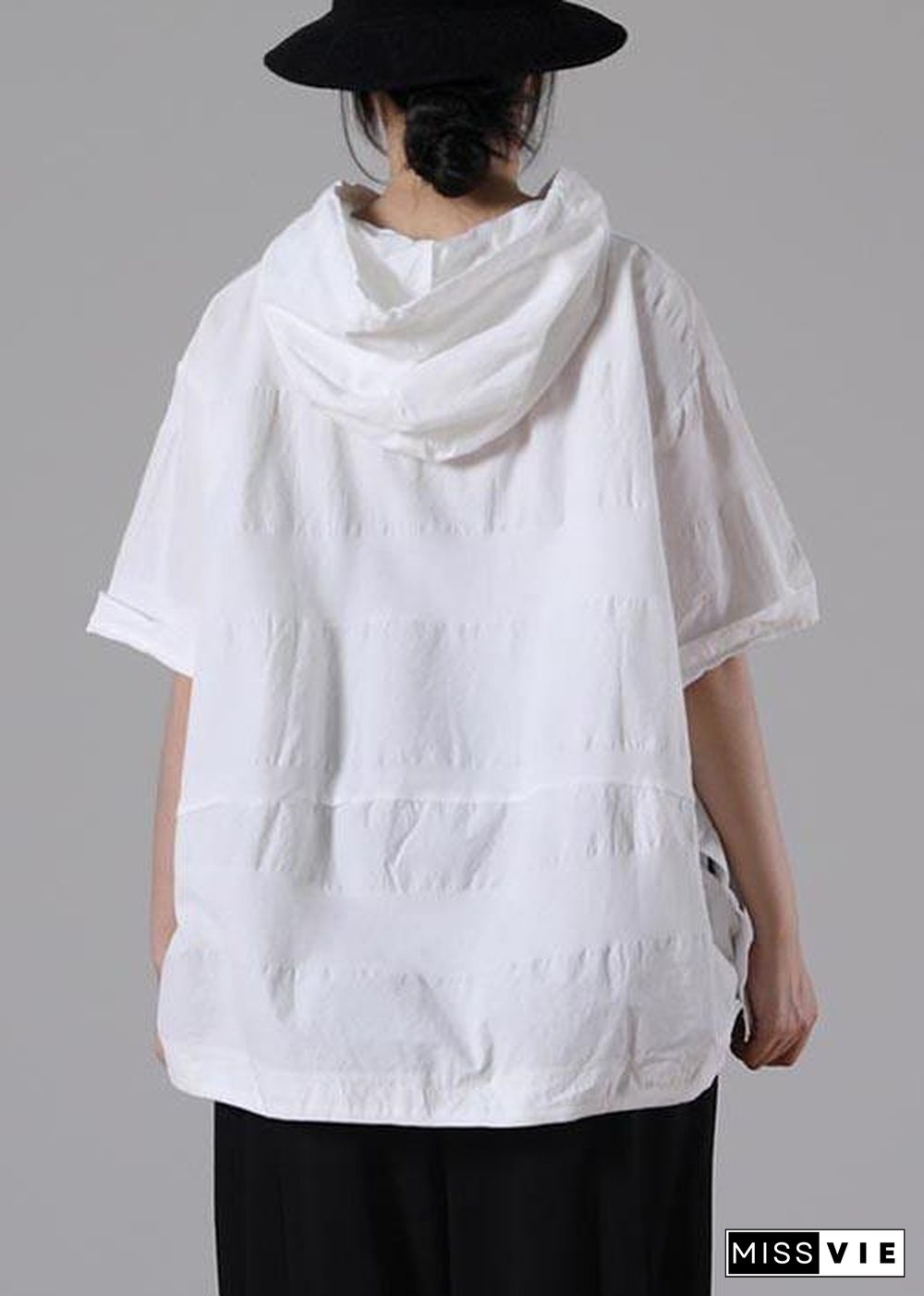 Women White hooded side open Cotton T Shirt Summer