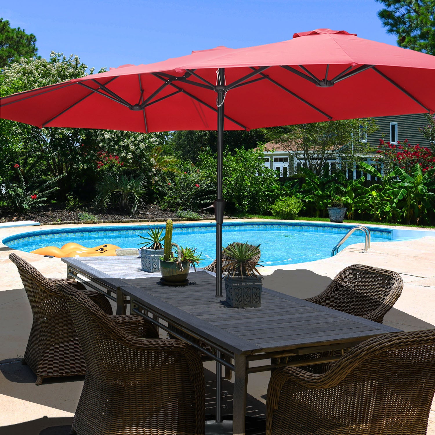 Wesfital 15ft Large Rectangle Umbrellas Double-Sided Outdoor Market Umbrella with UV Sun Protection & Easy Crank for Backyard, Poolside, Lawn and Garden, Red