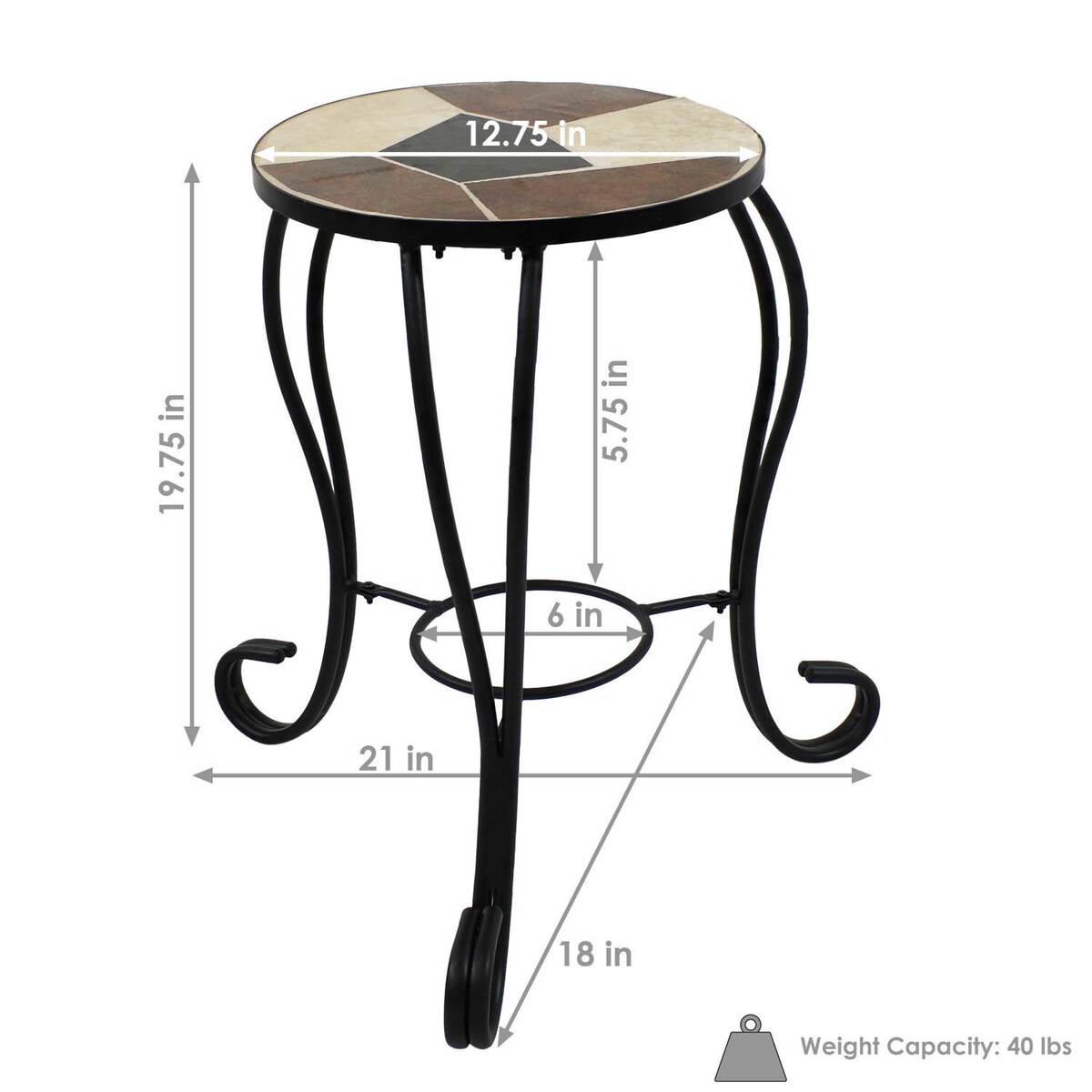 Ultimate Patio 12 3/4-Inch Ceramic Mosaic Tile Side Table W Plant Stand and Steel Frame