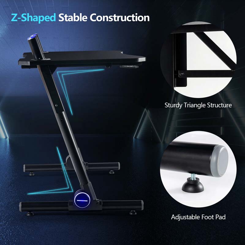 Z-Shaped LED Gaming Desk, 43.5 Inch Height Adjustable Computer Desk, Carbon Fiber Desk with Gaming Handle Rack & Cup Holder