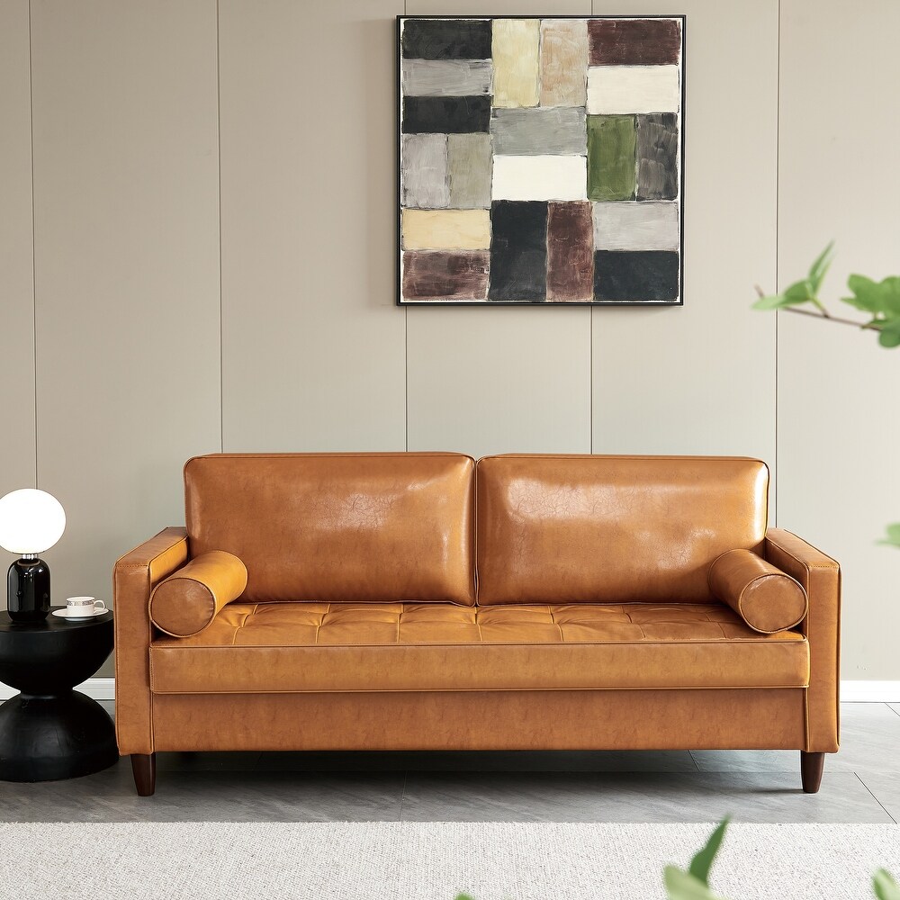 Mid Century Sofa with Hidden Storage Space and Removable Cushion  Faux Leather Sofa with Wood Frame for Living Room