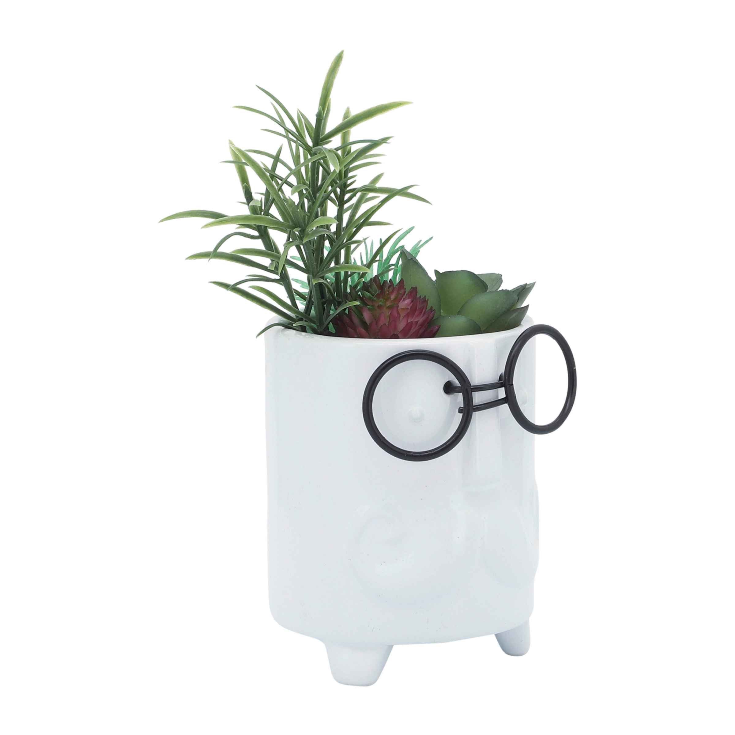 Face Ceramic Planter With Artificial Plants 8.89 Cm - White 16972-01