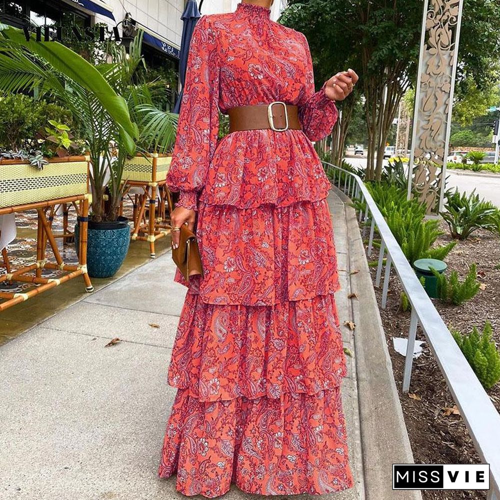 Women Floral Printed Lantern Long Sleeve Sundress Female Vintage Cake Loose Beach Dress Elegant Cascading Ruffles Cover-Ups