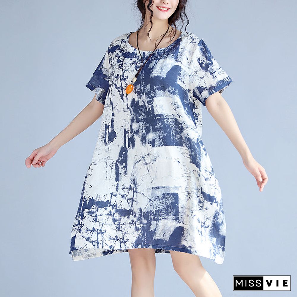 blue linen knee dress Loose fitting linen clothing dress fine prints o neck short sleeve linen dresses