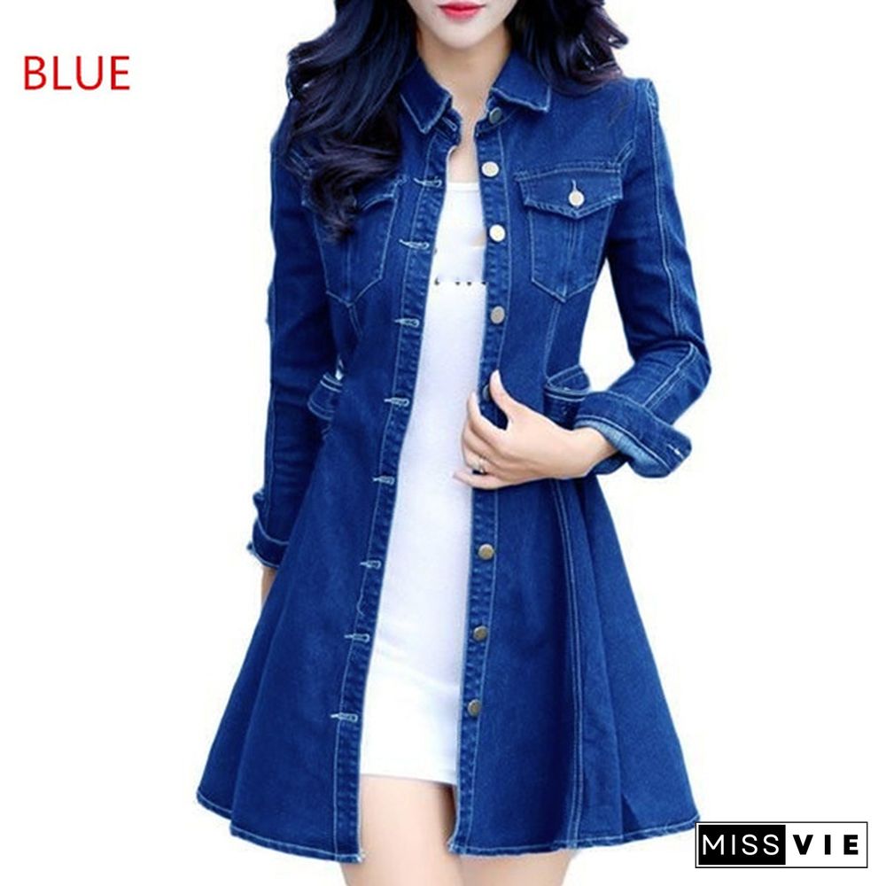 3 Colors Fashion Women Casual Denim Pockets Designed Doll Collar Overcoats Elegant Lady Denim Dress Coat Plus Size S-5XL