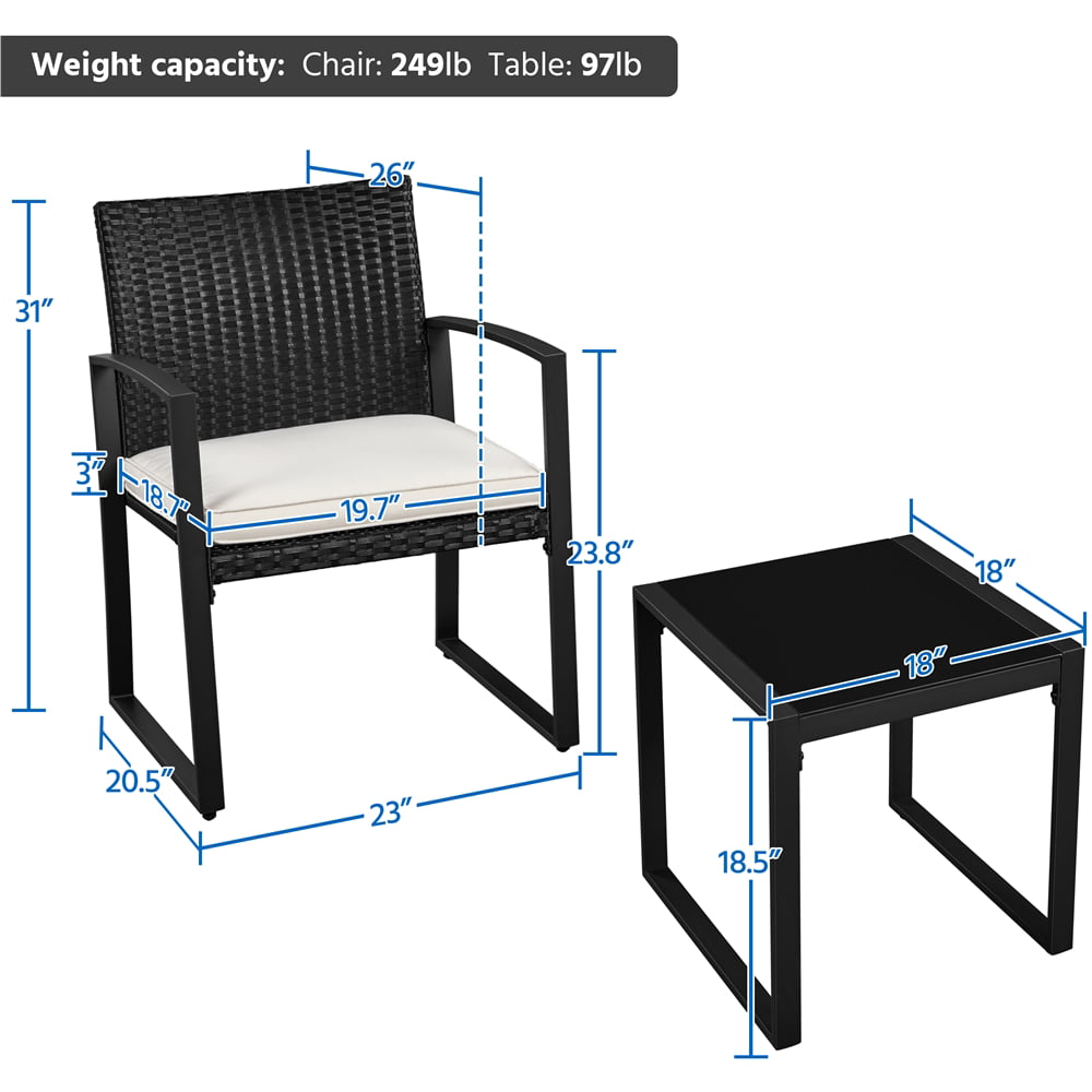 Yaheetech 3pcs Patio Bistro Set Wicker Conversation Set with Tempered Glass Tabletop Outdoor Furniture for Backyard， Balcony， Garden，Black